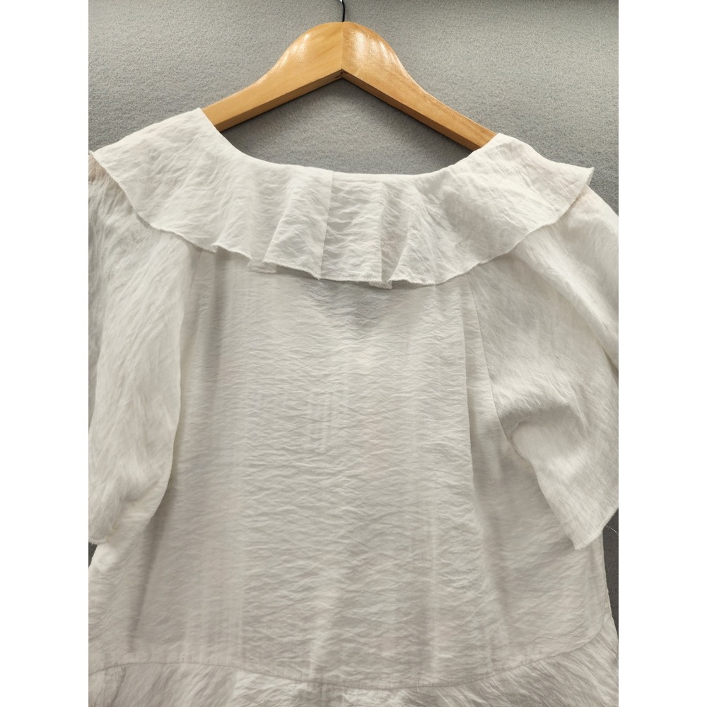 Zara White Ruffle Peplum Blouse Womens Medium Textured V-Neck Flutter Sleeve Top - Picture 6 of 10